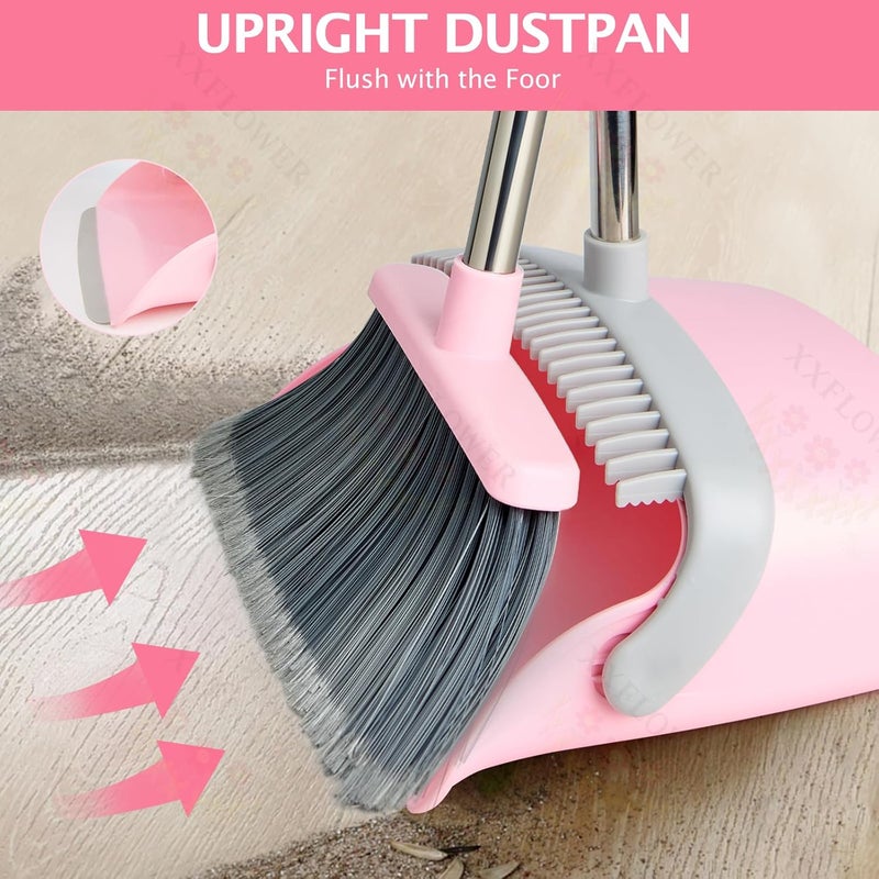 XXFLOWER Broom and Dustpan Set, Dustpans with Broom Combo for Home, Heavy Dust Broom and Dustpan Combo, Long Handle Dust Pan and Broom Set for Kitchen, Office, Pet Hair(Gray Pink) - Image 5